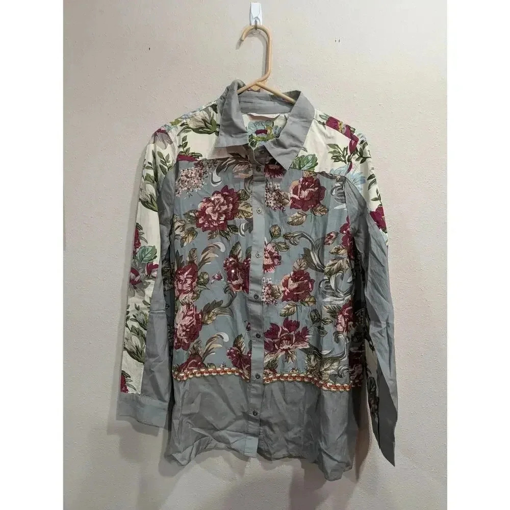 Soft Surroundings cotton floral blocked long sleeve collared buttoned shirt XS